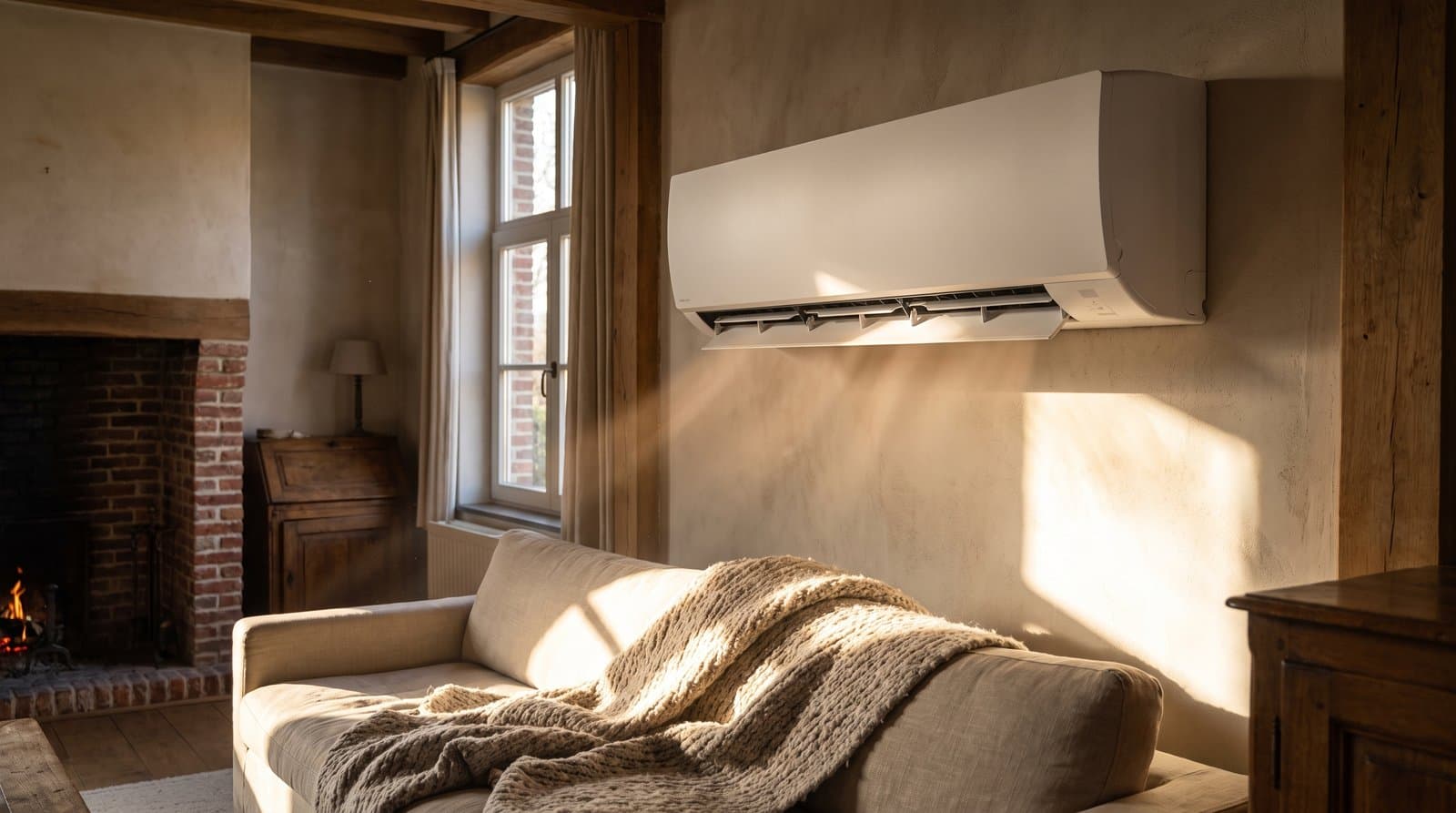 Airco binnenunit boven de zetel in een warme woonkamer